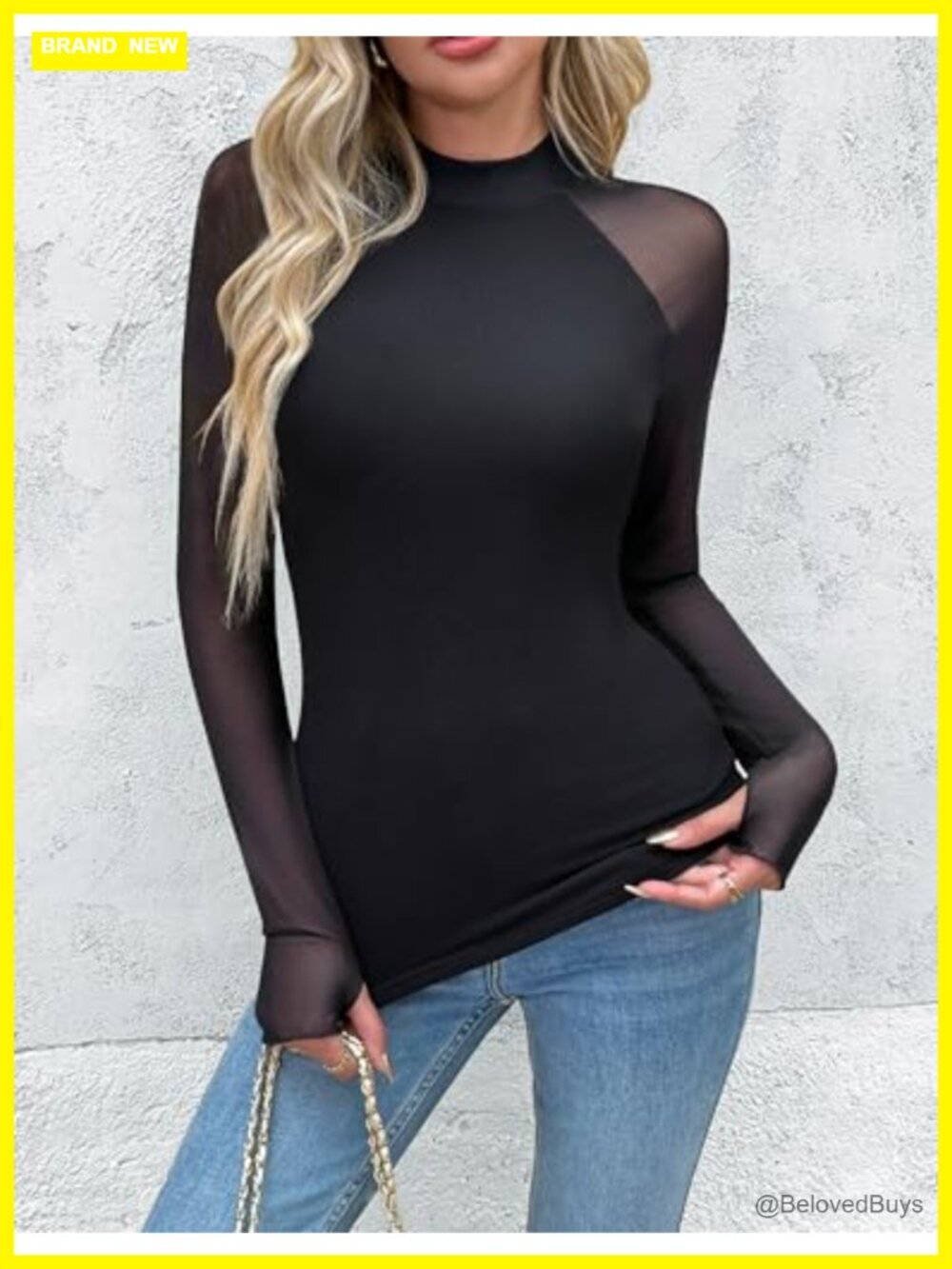 Women's Sheer Mesh Long Sleeve Blouse Mock Neck Fitted Top - Picture 4 of 6